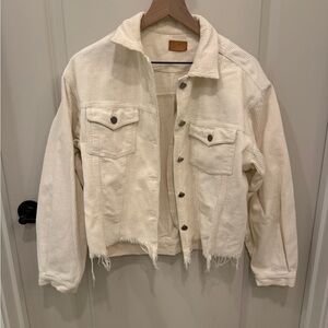 Cream Corduroy Button-Up Jacket with Raw Hem